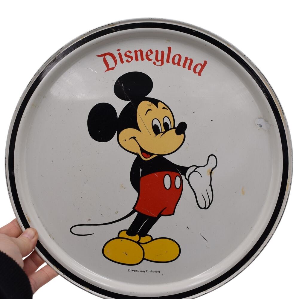 Vtg DISNEYLAND Mickey Mouse 11" Circular Metal Platter -- White & Black